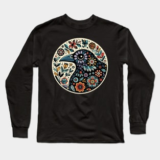 Whimsical folk art, loves crows, loves birds, crows, raven, a guardian of nature, sits among flowers, evoking a sense of protection. Long Sleeve T-Shirt